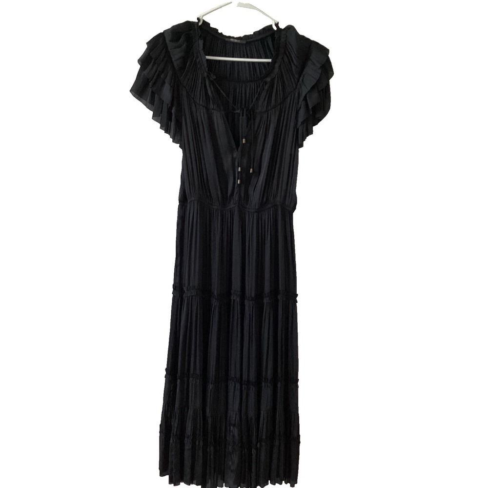 RESET Black Pleated Tiered Midi Dress Size L Boho Ruffle Sleeve Cottagecore